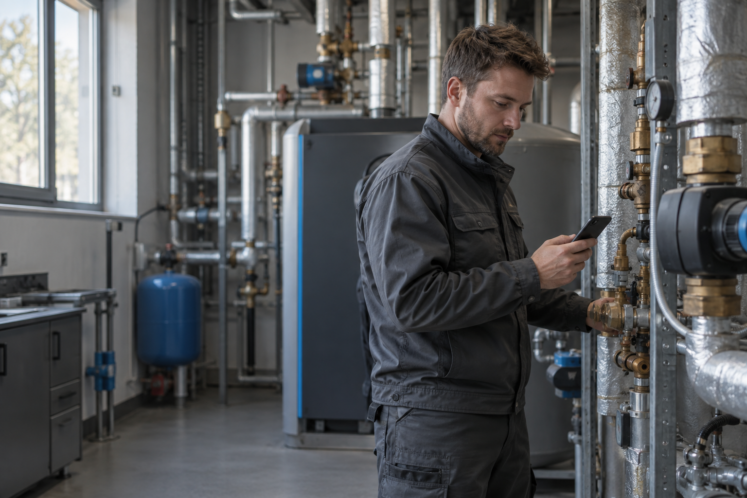 Illustration af en servicetekniker, der bruger sin telefon i et teknikrum